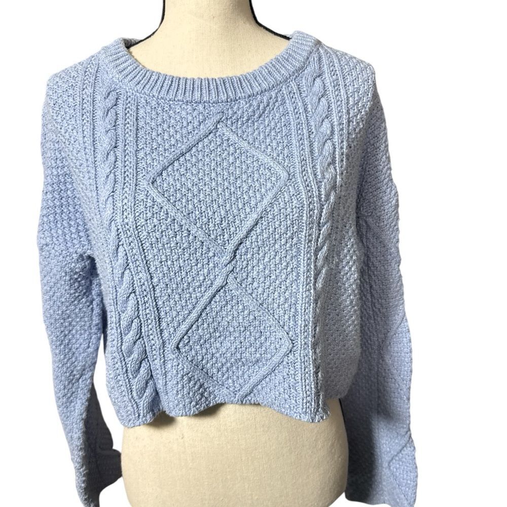 Altar'd State Cropped Cable Knit Sweater Blue Chunky Boho Cozy Knit Small